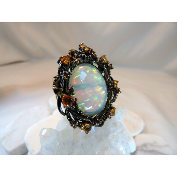 HUGE 17CT Ethiopian Welo Opal Citrine Sterling Silver Ring SZ 8 OOAK Statement - Picture 4 of 11